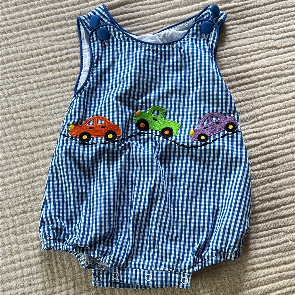 Blue Gingham Kids One Piece with Car Appliqué